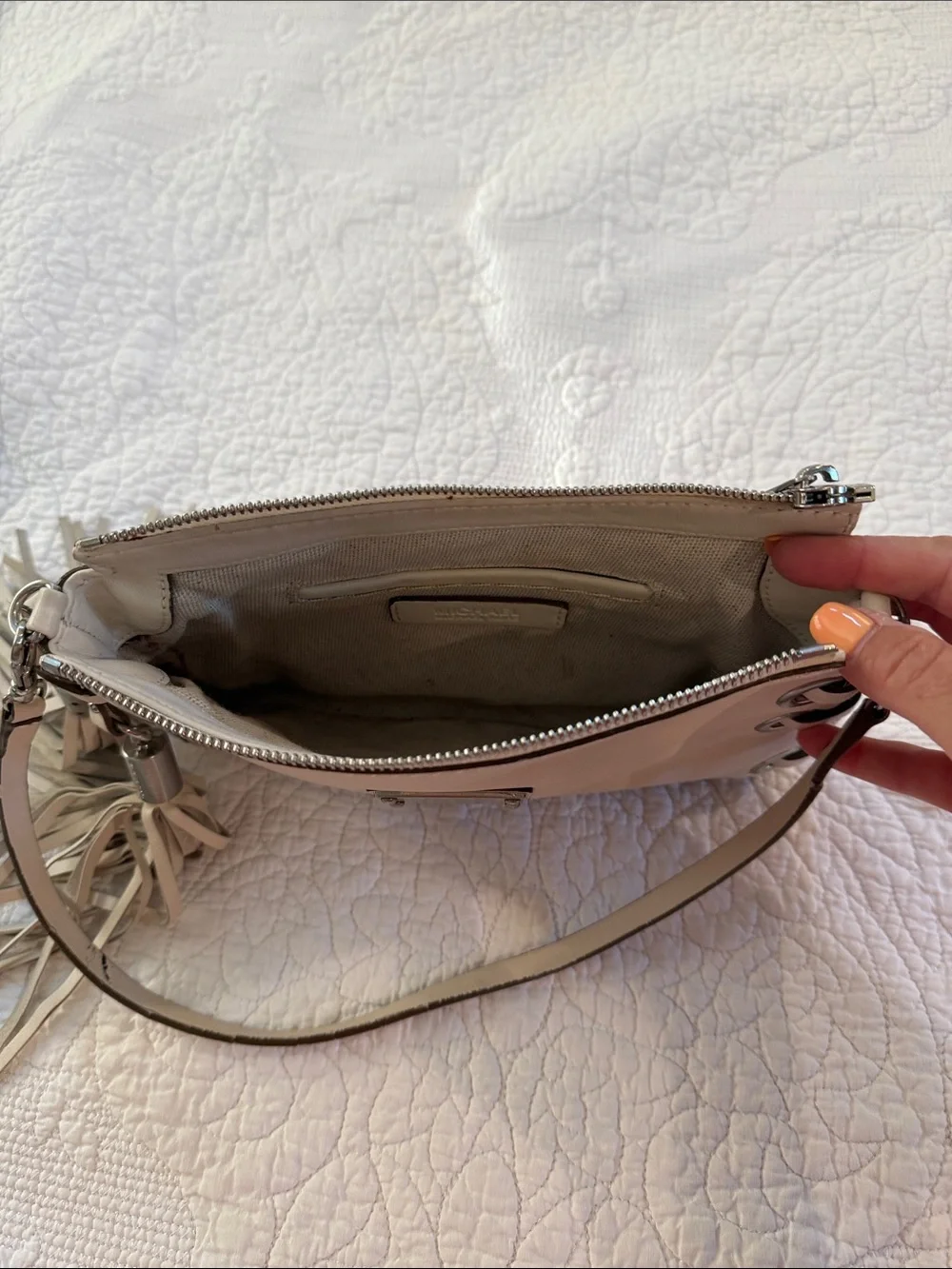 Michael Kors Cream Leather Shoulder Bag with Grommet and Tassel Detail
